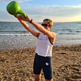Kettlebells on the beach wearing Midnight Blue Hexagon Shorts