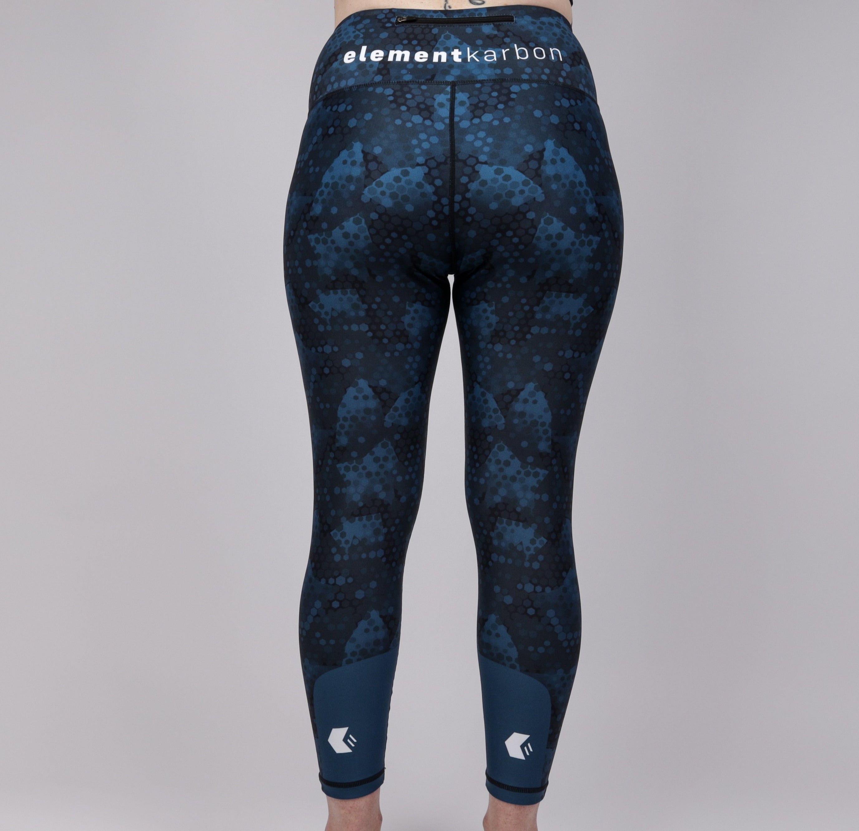 Rear view of leggings in Midnight Blue Hexagon